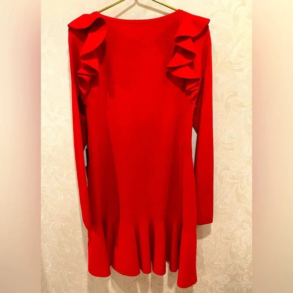 Express | Sweetheart Neck Ruffle Fit and Flare Red Knit Dress Size Large - Picture 4 of 6